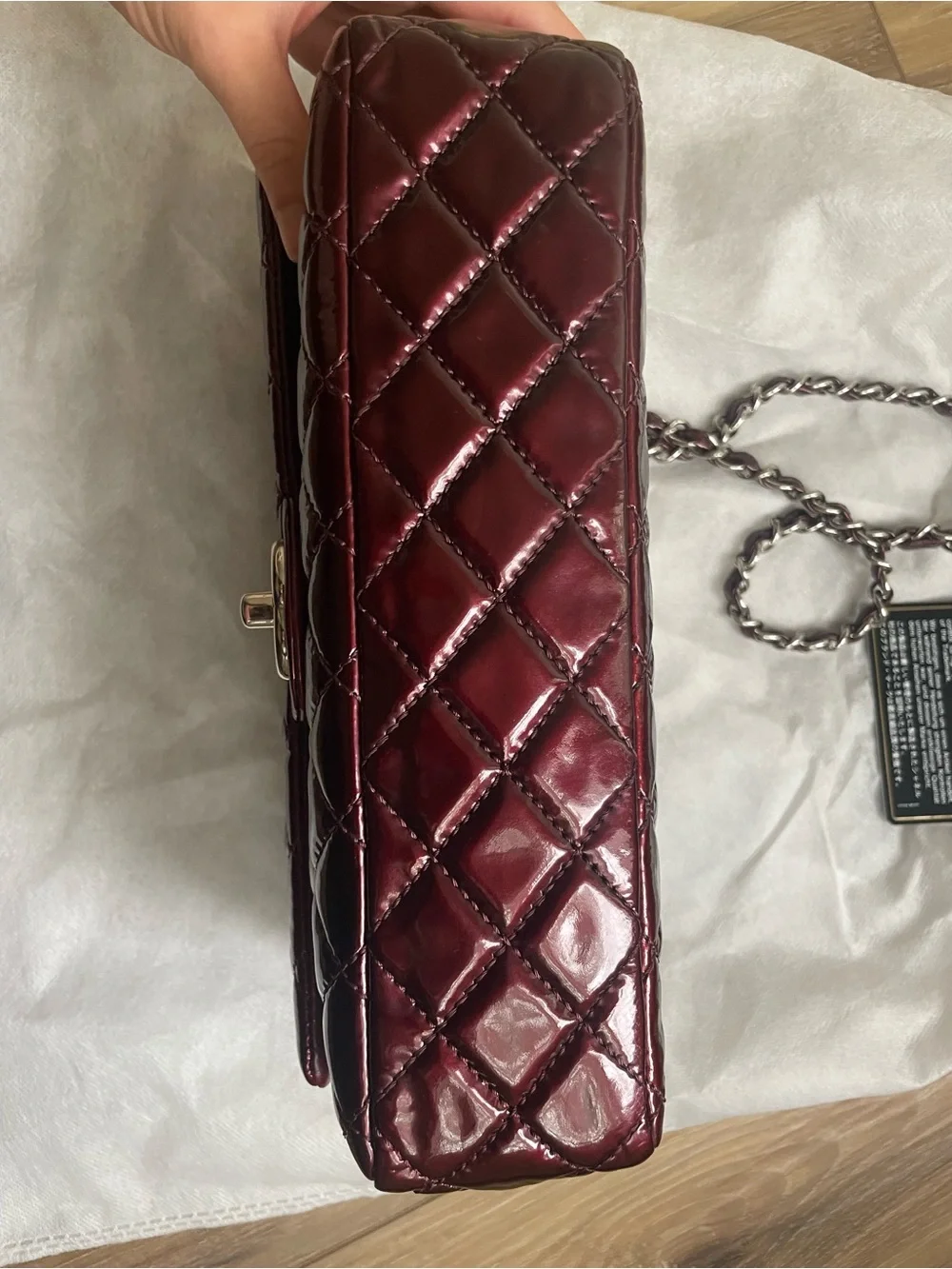 CHANEL Quilted Patent Leather Shoulder Bag in Burgundy